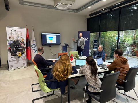 Patrick Collins running a sales training session with AIDA in Tirana